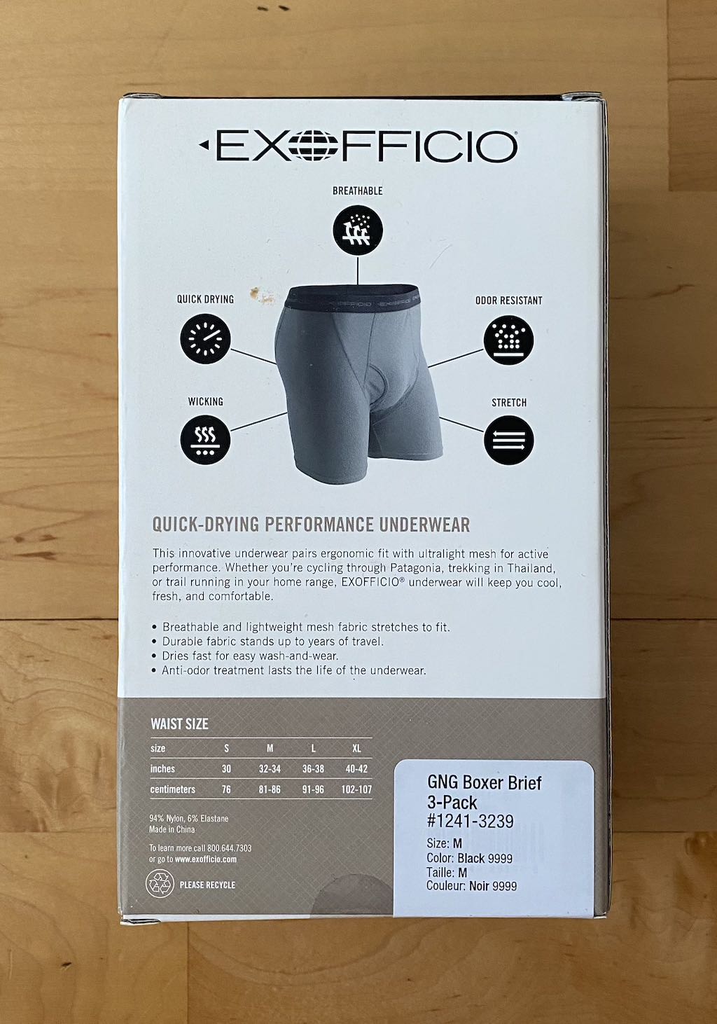 The back of the ExOfficio Give-n-Go boxer brief box